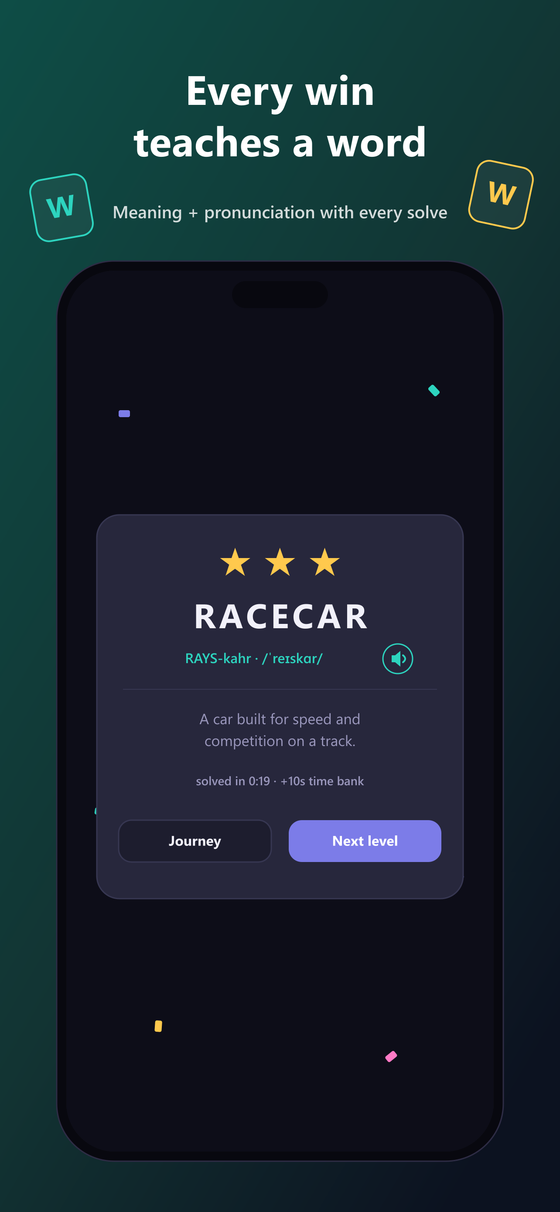 Solve screen showing meaning and pronunciation of RACECAR
